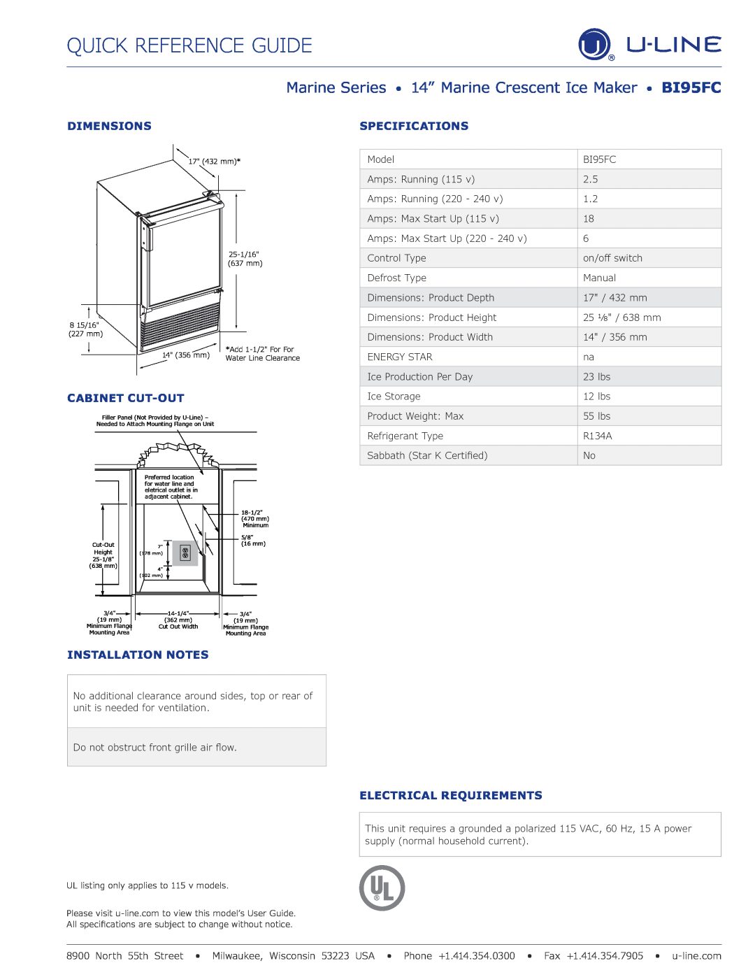U-Line BI95FC manual Dimensions, Cabinet Cut-Out, Specifications, Installation Notes, Electrical Requirements 