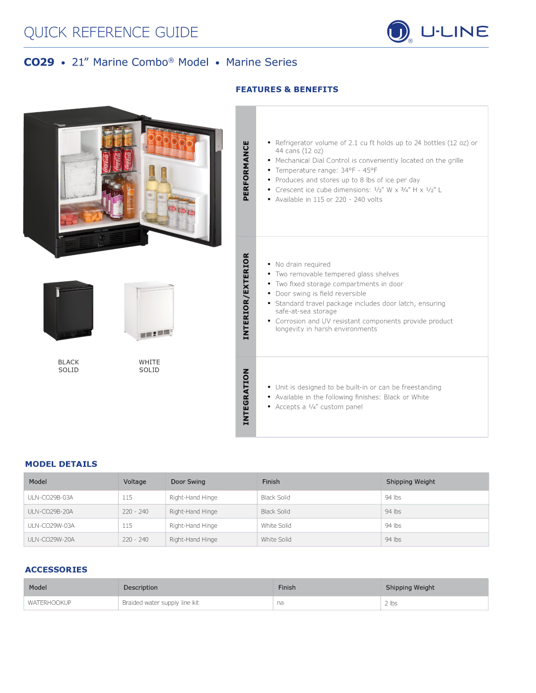 U-Line C029 manual CO29 21 Marine Combo Model Marine Series, Features & Benefits, Model Details, Accessories 