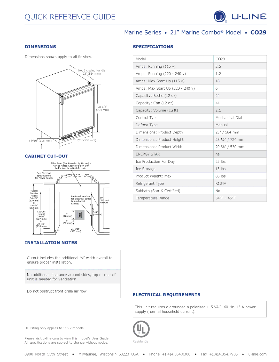 U-Line C029 manual Marine Series 21 Marine Combo Model CO29 