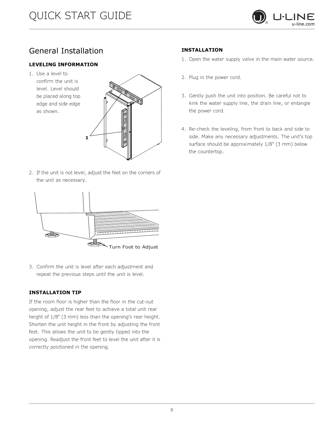 U-Line CLR1215 quick start Leveling Information, Open the water supply valve in the main water source, Installation TIP 