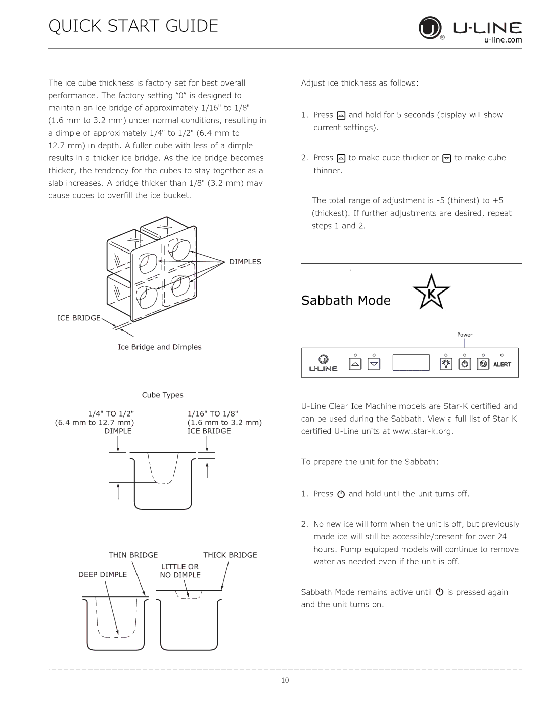 U-Line CLR1215 quick start Sabbath Mode 