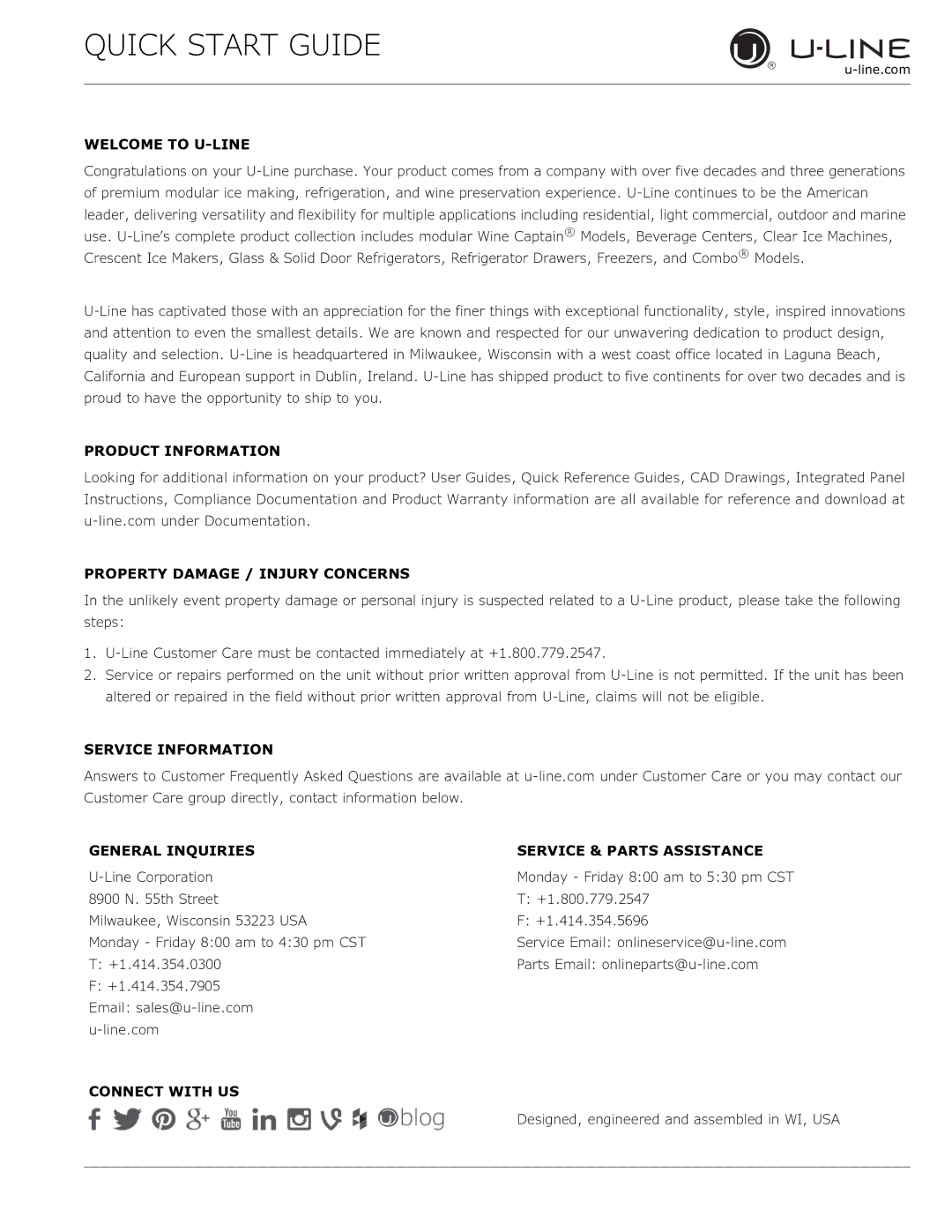 U-Line CLR1215 quick start Welcome to U-LINE, Product Information Property Damage / Injury Concerns 