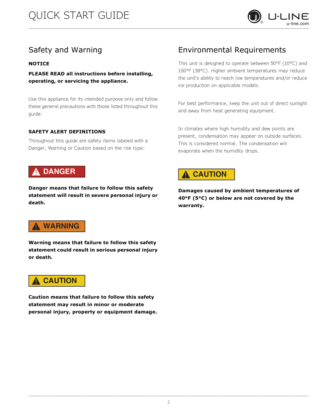 U-Line CLR1215 quick start Safety and Warning, Environmental Requirements, Safety Alert Definitions 