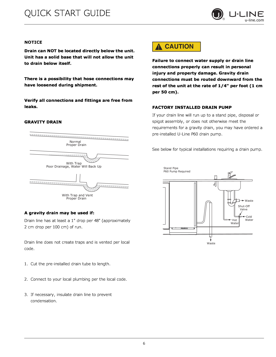 U-Line CLR1215 quick start Quick Start Guide, Verify all connections and fittings are free from leaks GRAVITY DRAIN 