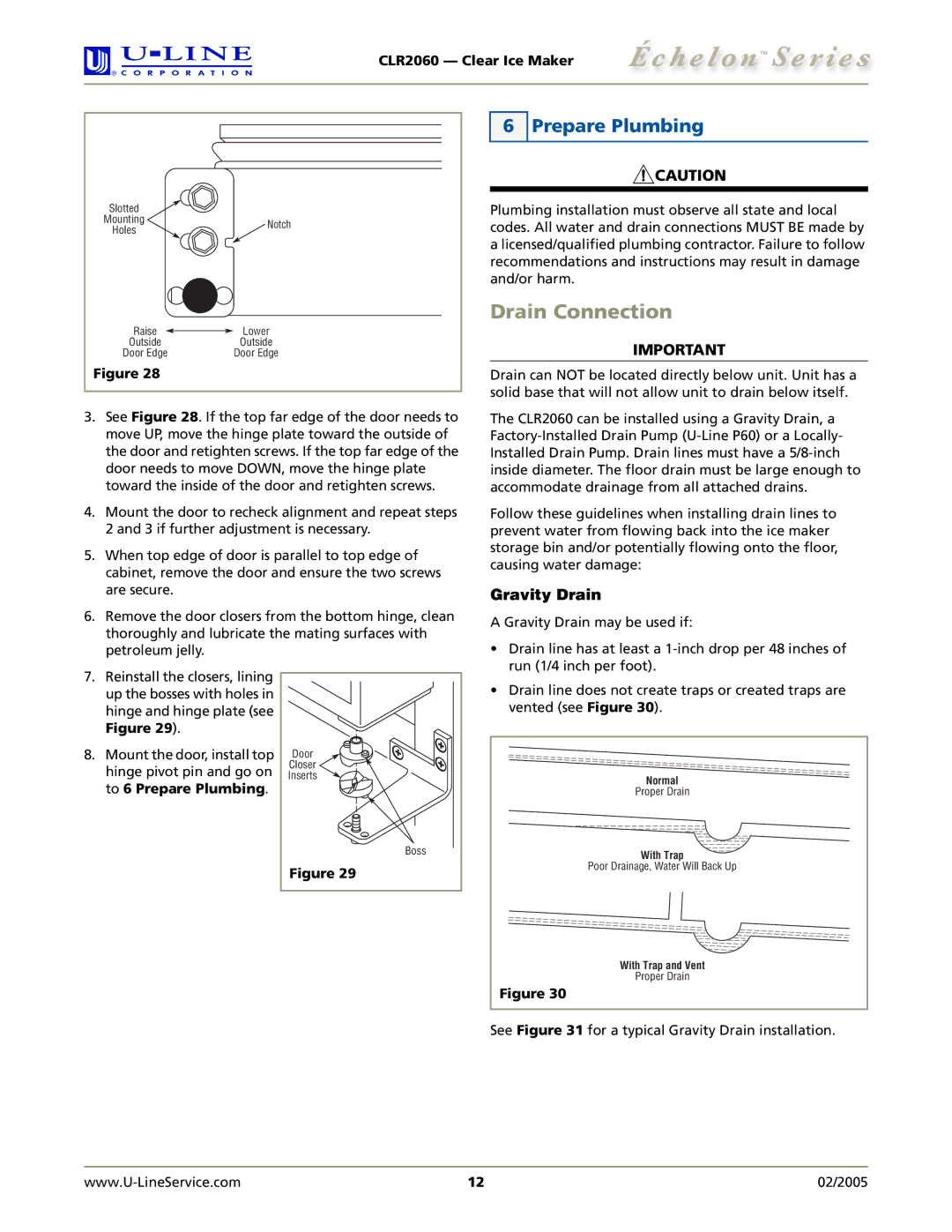 U-Line CLR2060 manual Drain Connection, Prepare Plumbing, Gravity Drain 