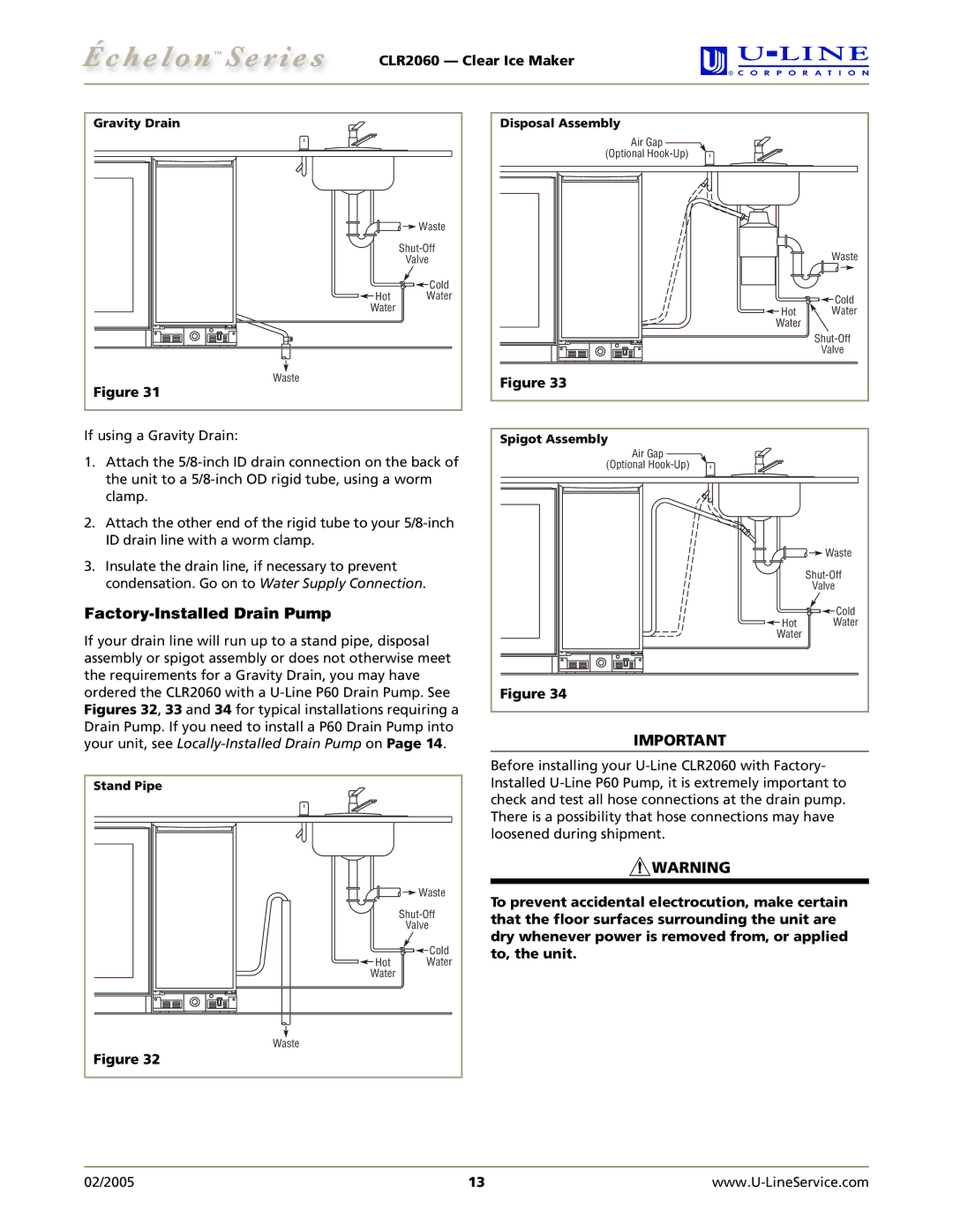 U-Line CLR2060 manual Factory-Installed Drain Pump 