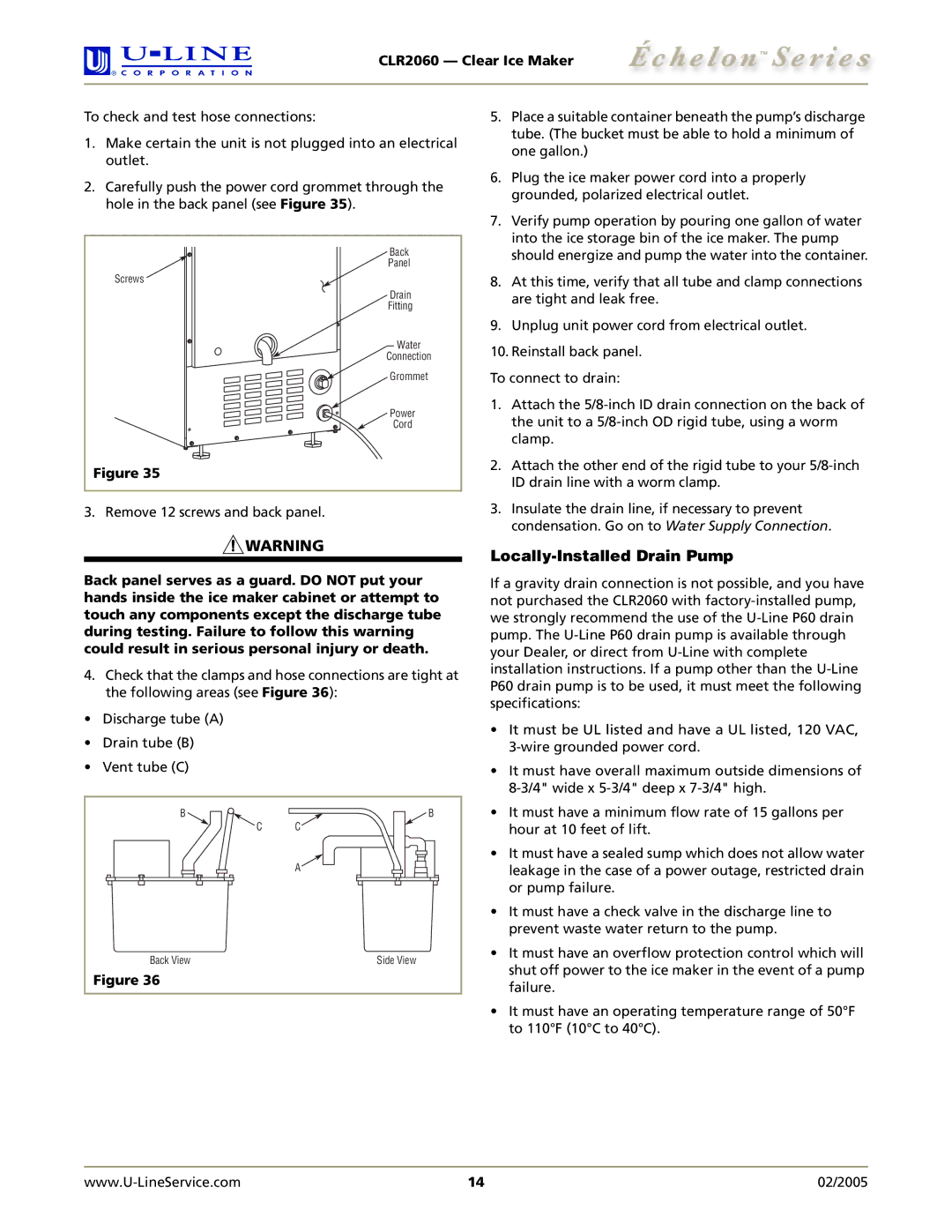 U-Line CLR2060 manual Locally-Installed Drain Pump 