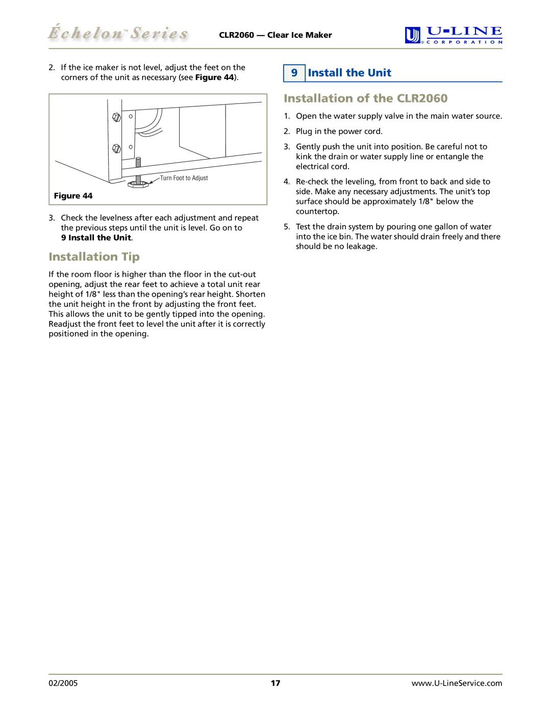 U-Line manual Installation of the CLR2060, Installation Tip, Install the Unit 