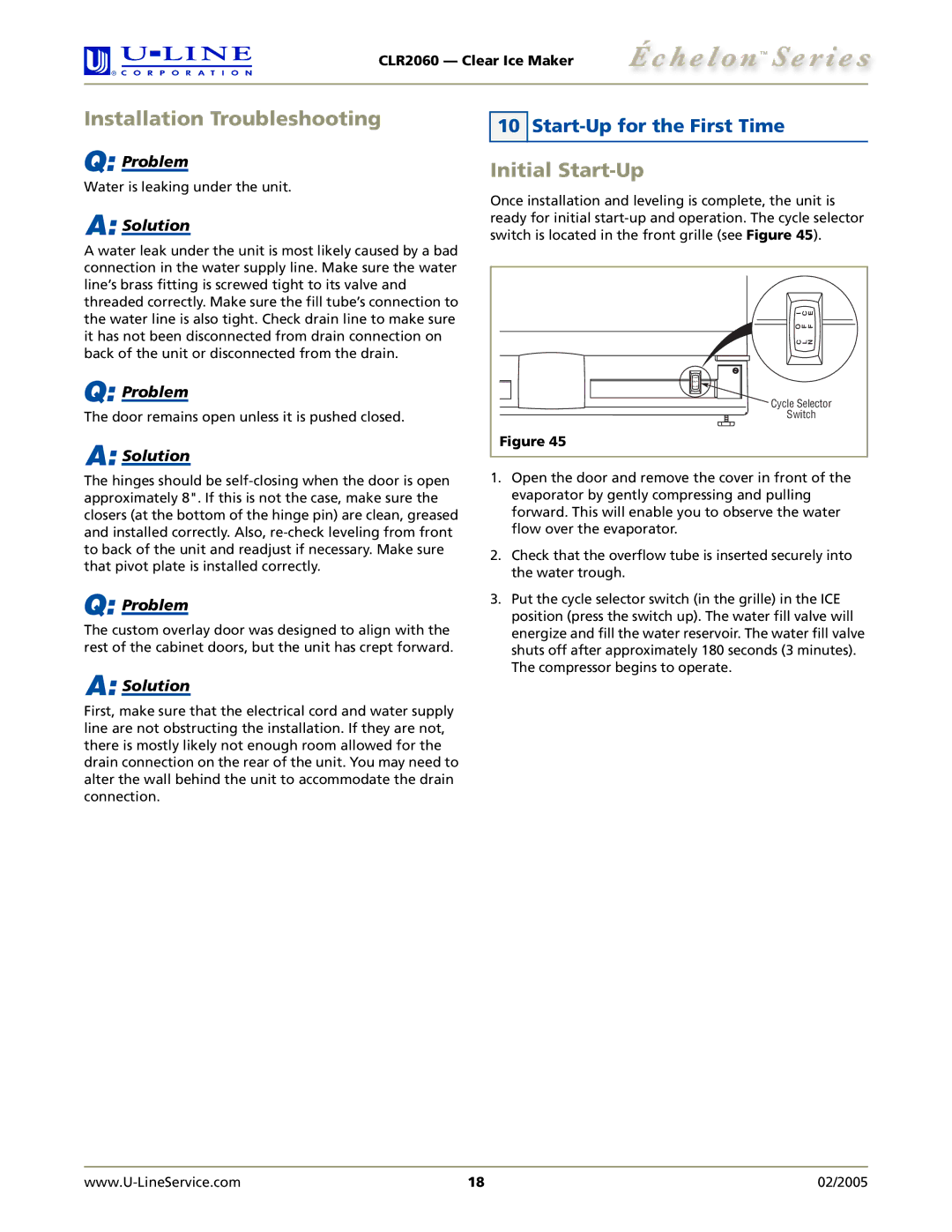 U-Line CLR2060 manual Installation Troubleshooting, Initial Start-Up, Start-Up for the First Time 