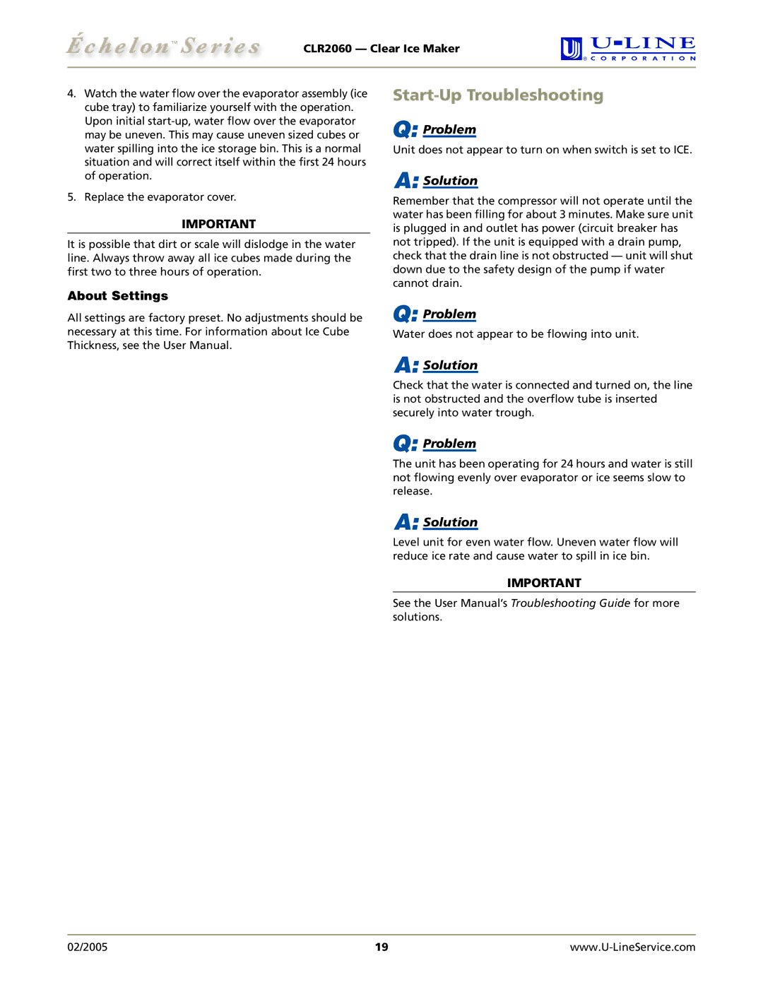 U-Line CLR2060 manual Start-Up Troubleshooting, About Settings 