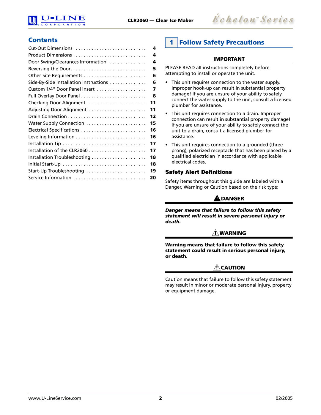 U-Line CLR2060 manual Contents, Follow Safety Precautions 