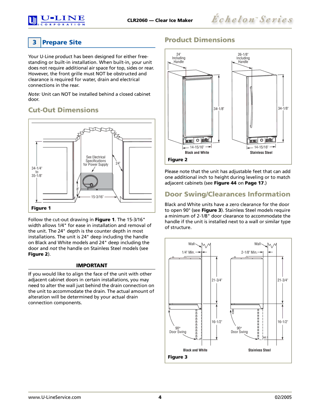 U-Line CLR2060 manual Product Dimensions, Cut-Out Dimensions, Door Swing/Clearances Information, Prepare Site 