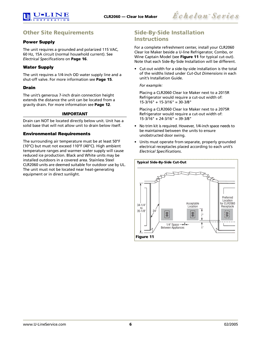 U-Line CLR2060 manual Other Site Requirements, Side-By-Side Installation Instructions 