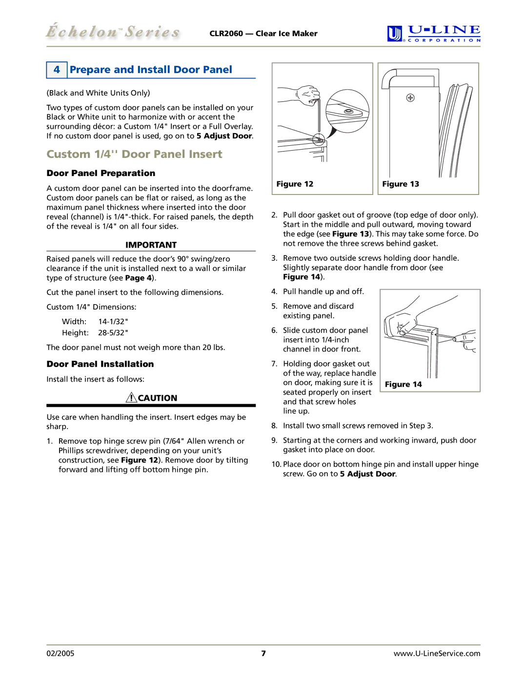 U-Line CLR2060 manual Custom 1/4 Door Panel Insert, Prepare and Install Door Panel, Door Panel Preparation 