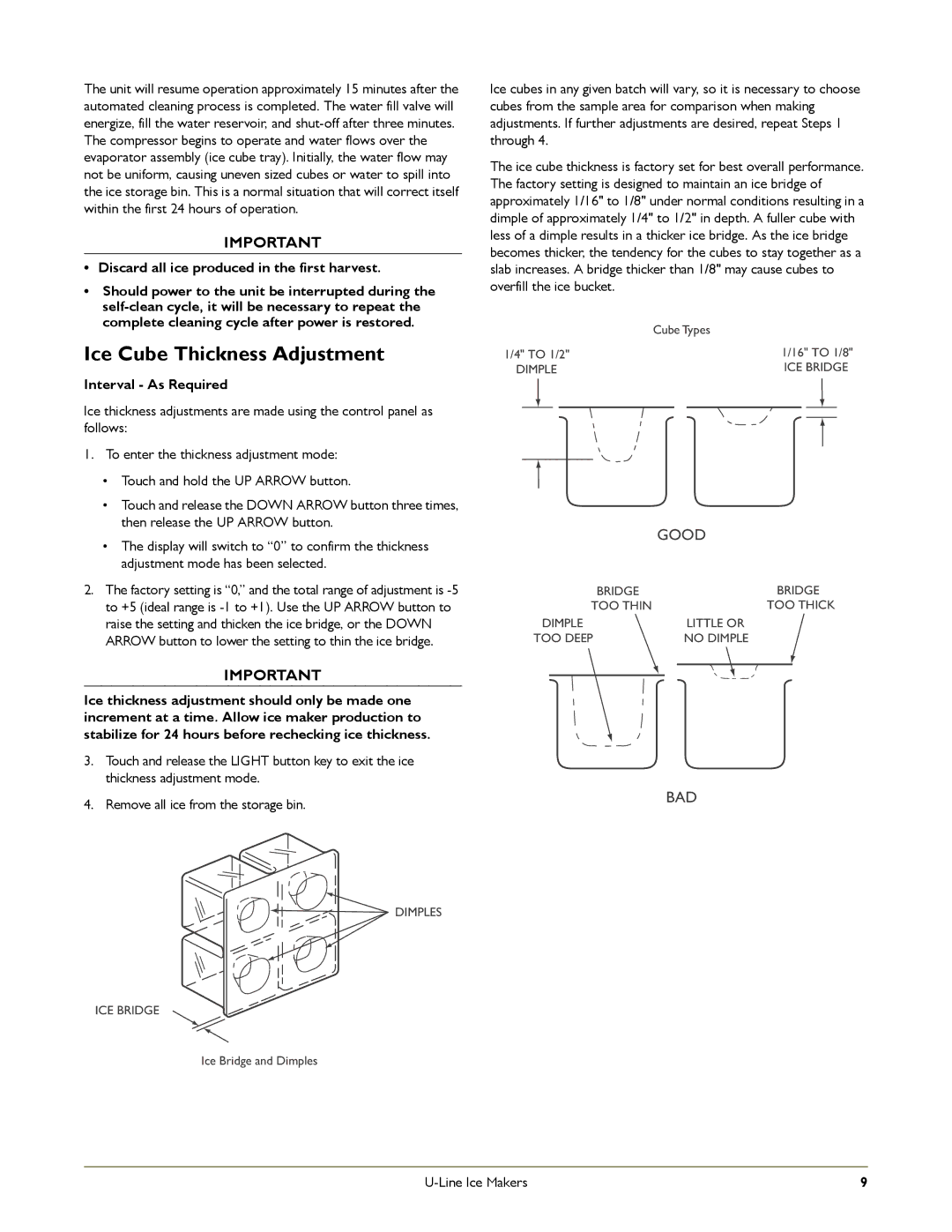 U-Line CLR2160 STAINLESS, CLR2160OD OUTDOOR manual Ice Cube Thickness Adjustment, Interval As Required 