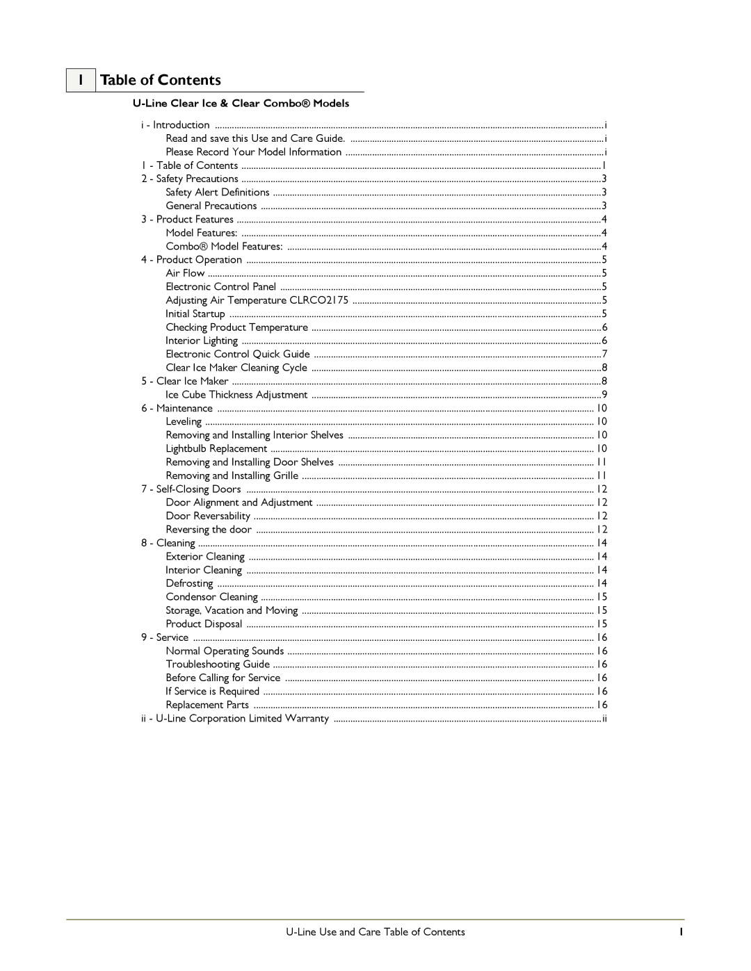 U-Line CLR2160 STAINLESS, CLR2160OD OUTDOOR manual Table of Contents 