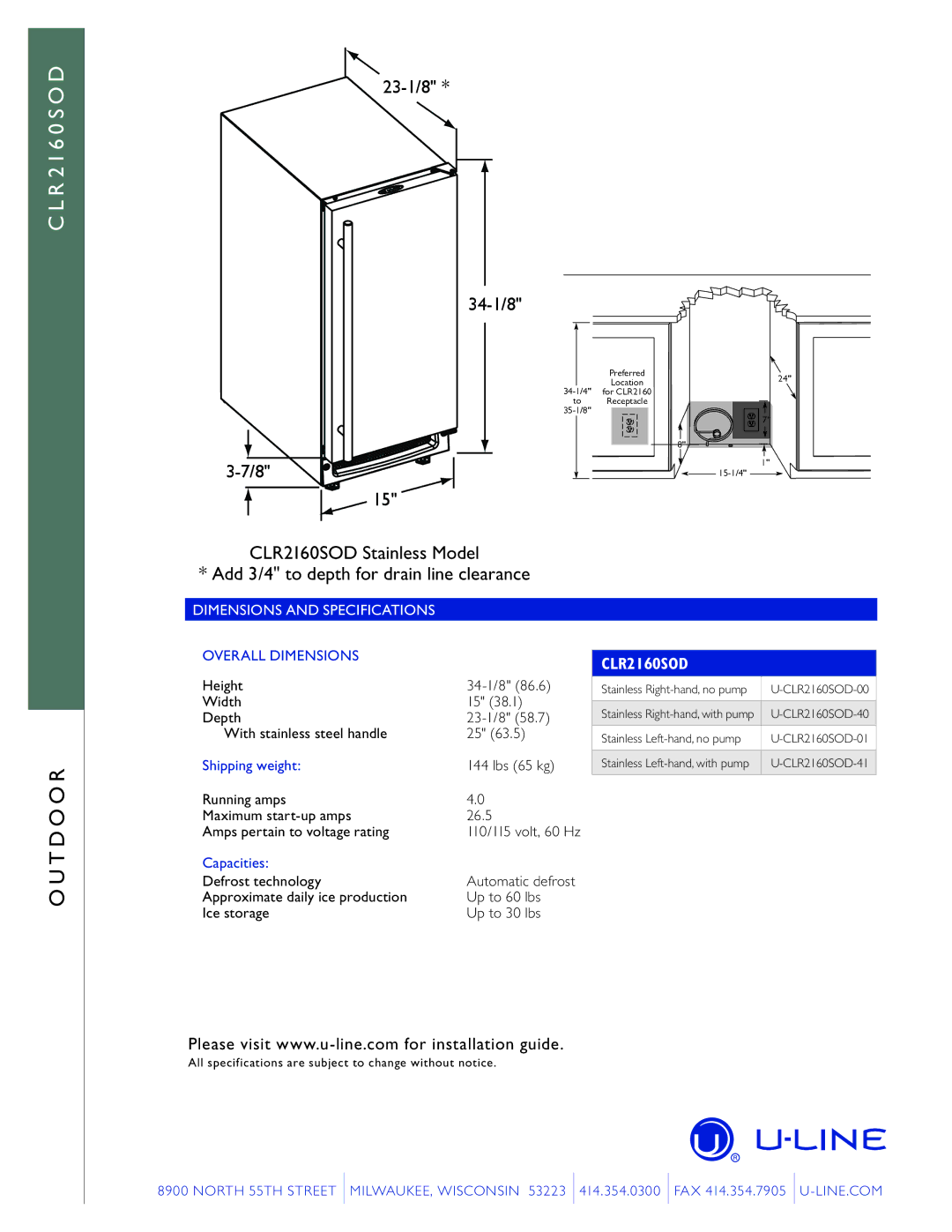 U-Line CLR2160SOD manual Dimensions and Specifications, Overall Dimensions, Shipping weight, Capacities 