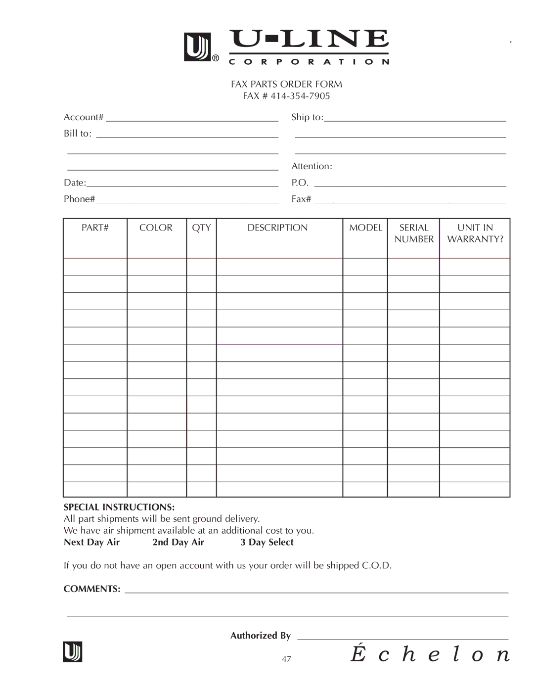 U-Line CLRCO2075 manual Special Instructions, Next Day Air 2nd Day Air 