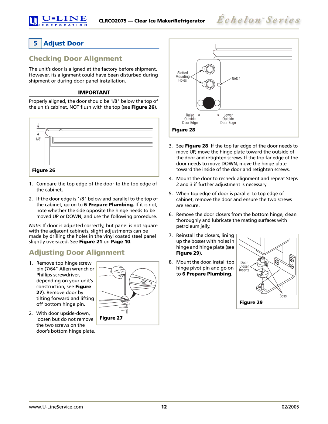 U-Line CLRCO2075 manual Checking Door Alignment, Adjusting Door Alignment, Adjust Door, To 6 Prepare Plumbing 