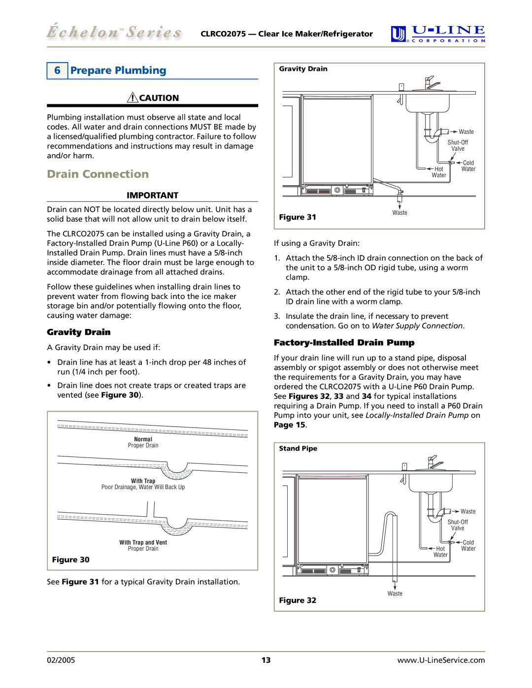 U-Line CLRCO2075 manual Drain Connection, Prepare Plumbing, Gravity Drain, Factory-Installed Drain Pump 