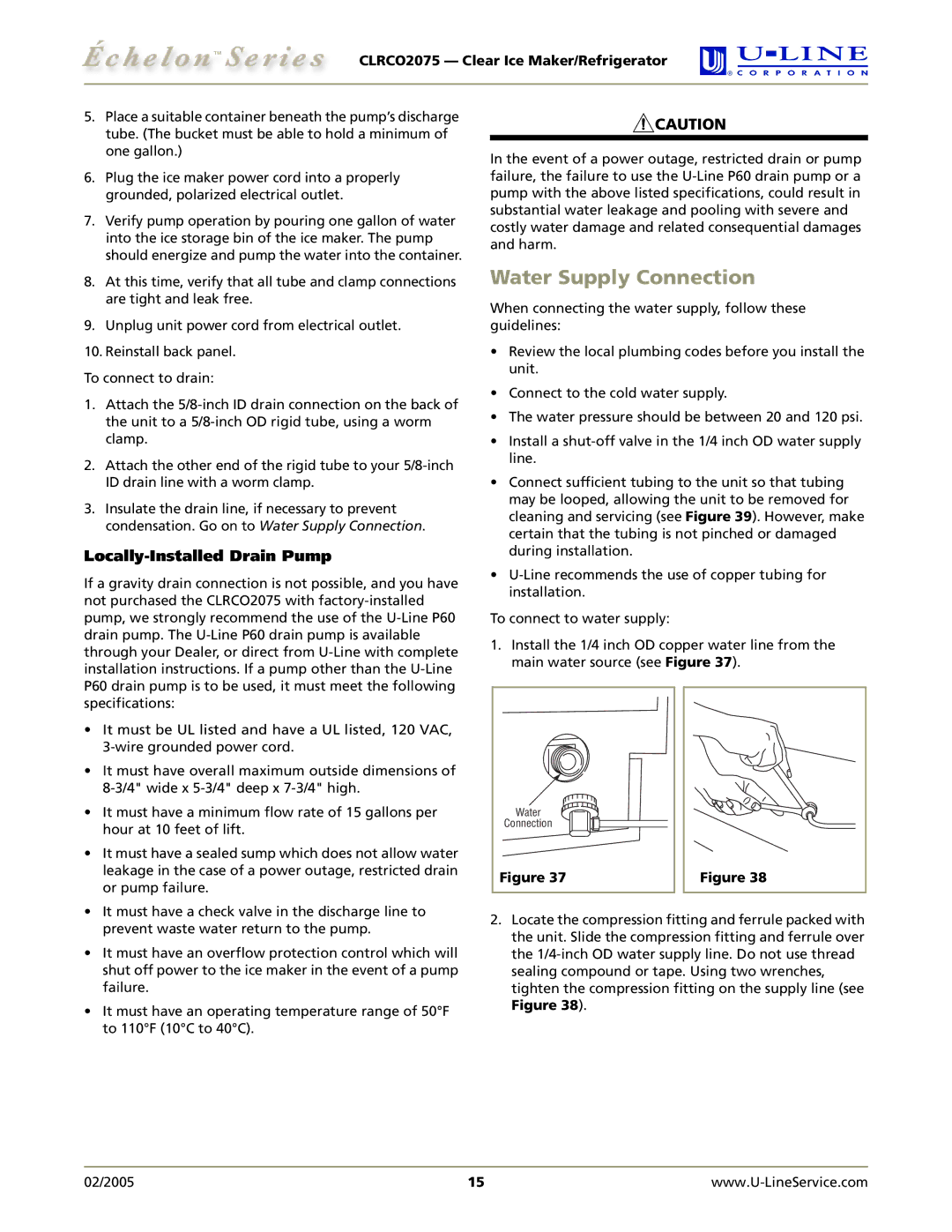 U-Line CLRCO2075 manual Water Supply Connection, Locally-Installed Drain Pump 