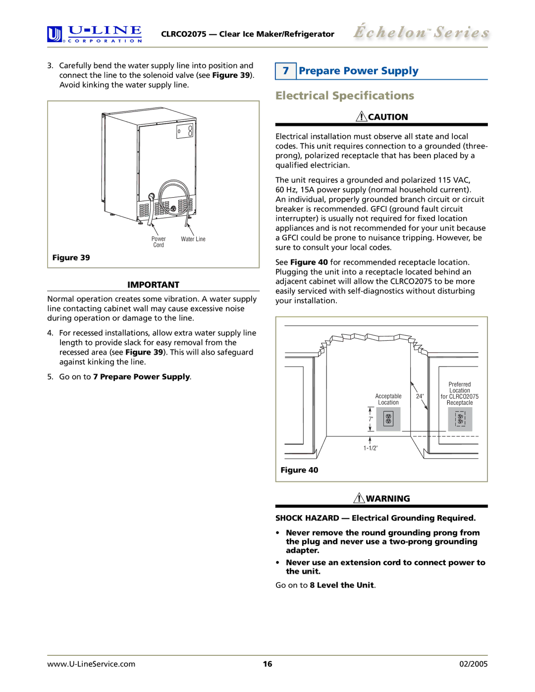 U-Line CLRCO2075 manual Electrical Specifications, Go on to 7 Prepare Power Supply 