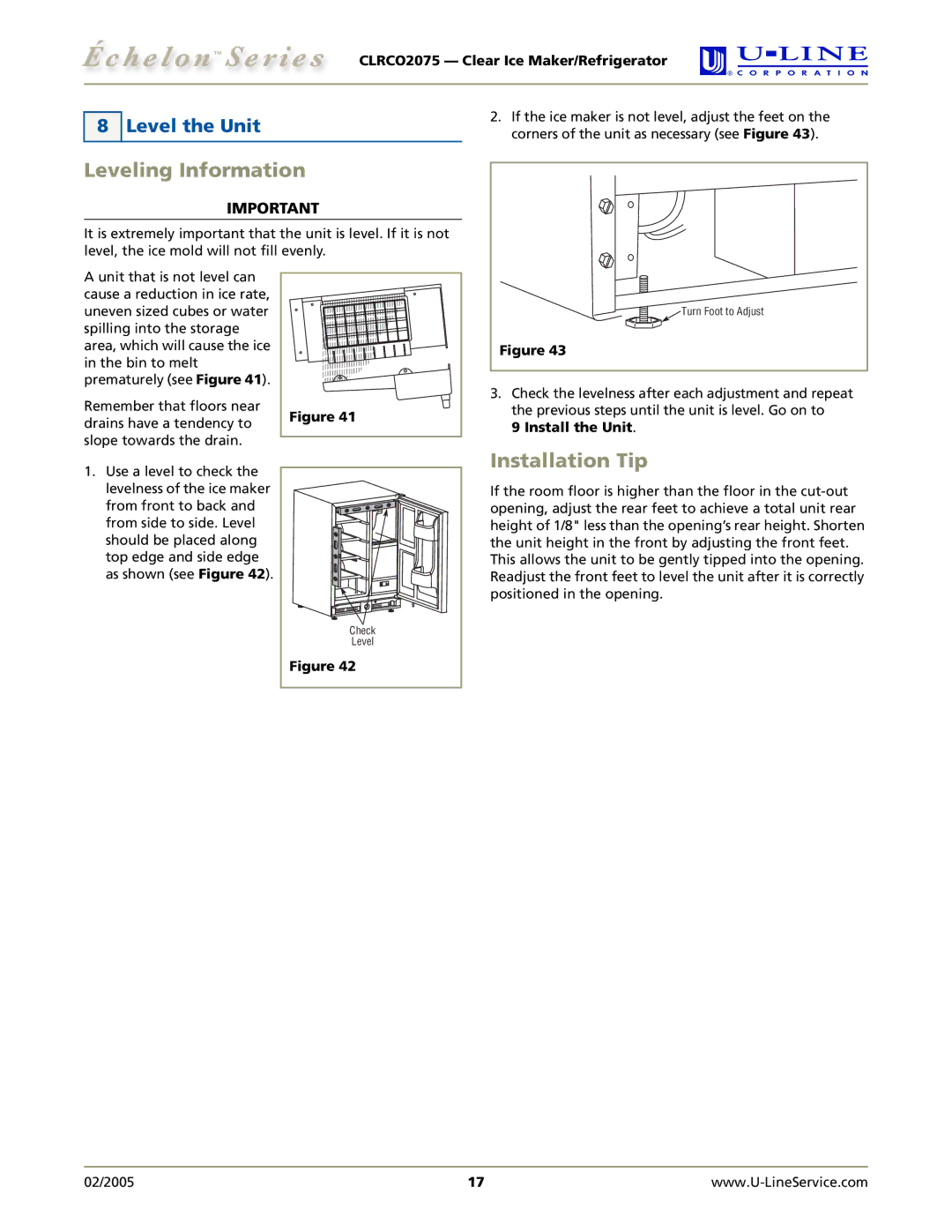 U-Line CLRCO2075 manual Level the Unit, Leveling Information 