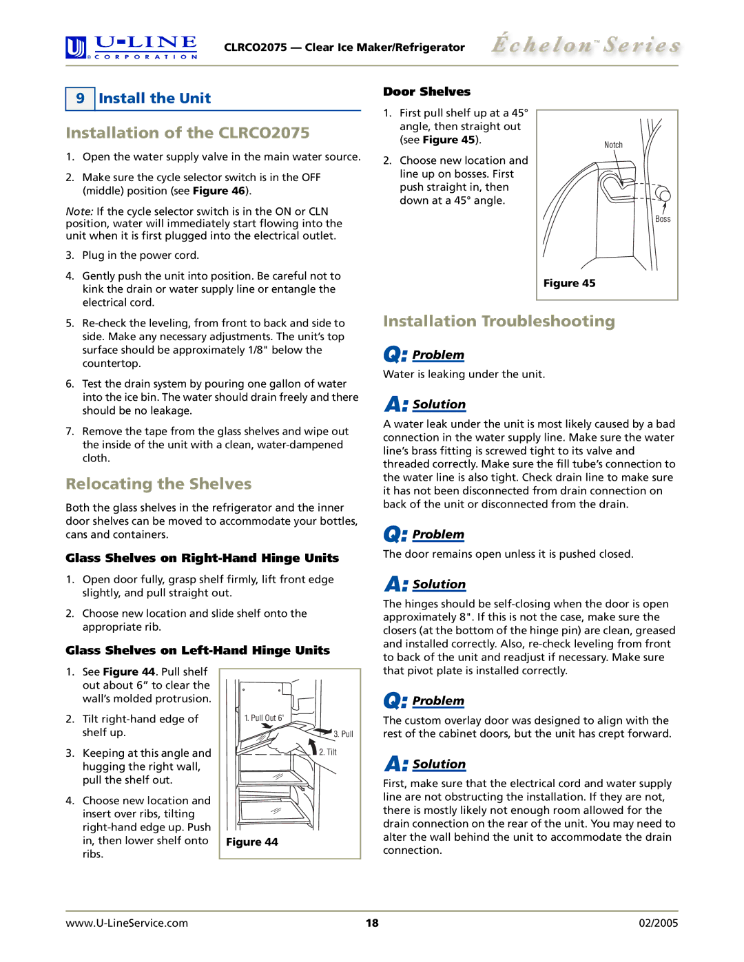 U-Line manual Installation of the CLRCO2075, Relocating the Shelves, Installation Troubleshooting, Install the Unit 