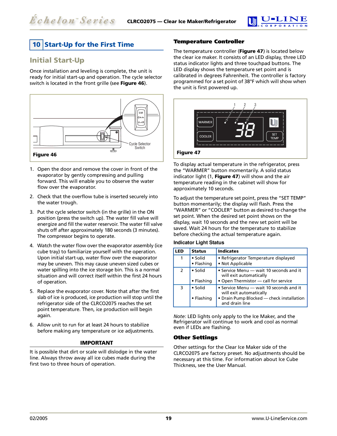 U-Line CLRCO2075 manual Initial Start-Up, Start-Up for the First Time, Temperature Controller, Other Settings 