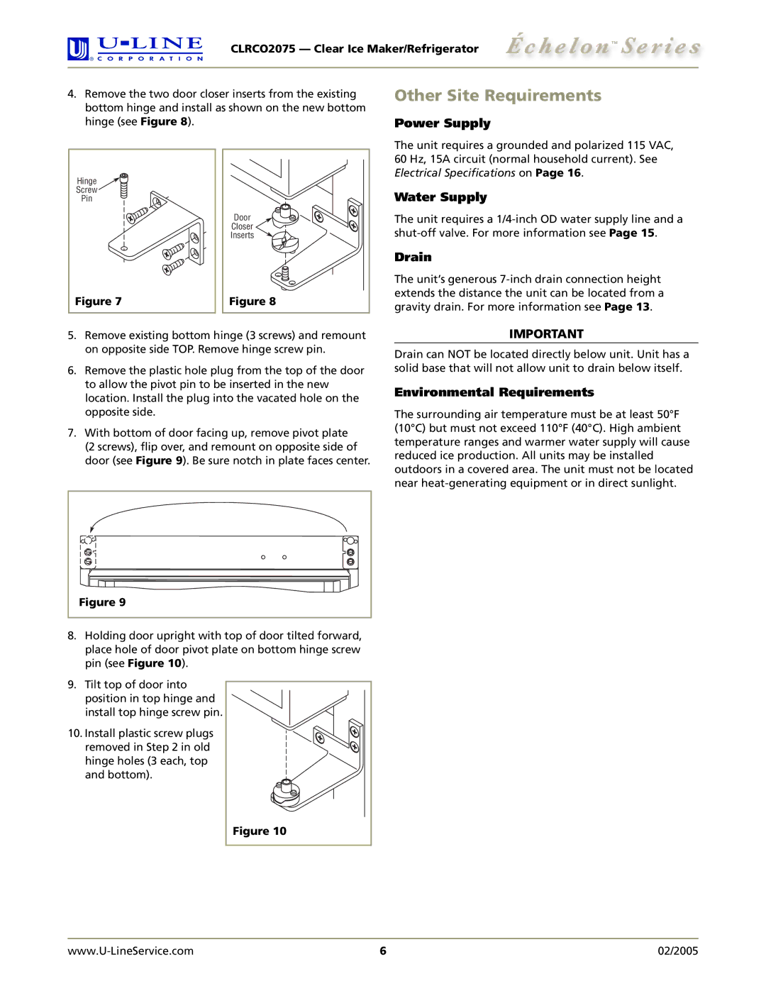 U-Line CLRCO2075 manual Other Site Requirements, Power Supply, Water Supply, Drain, Environmental Requirements 