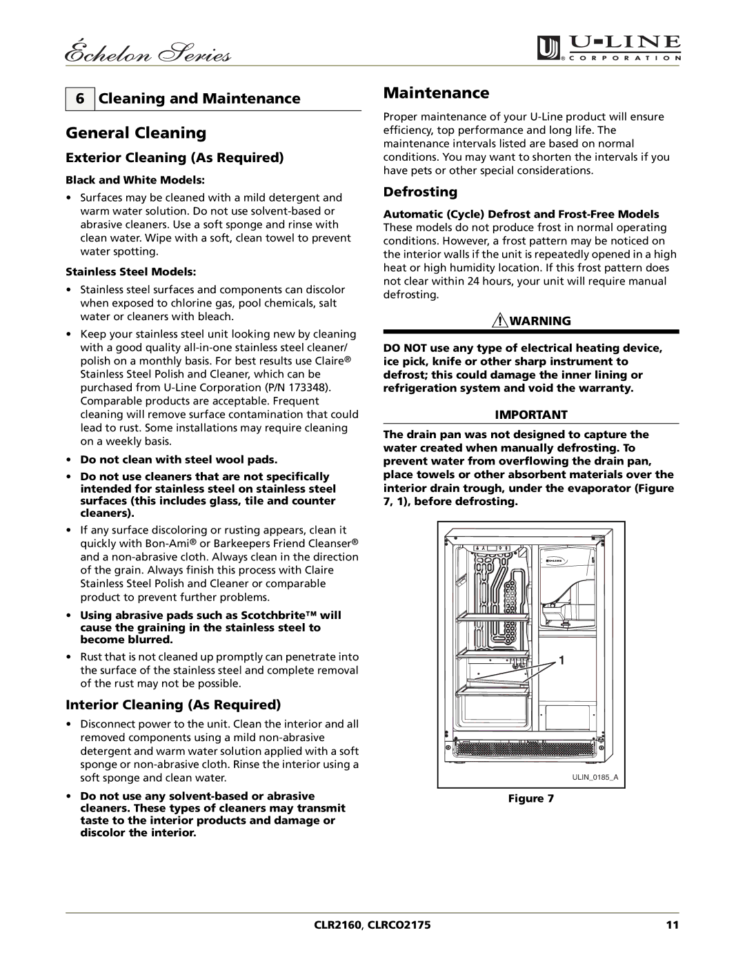 U-Line CLR2160, CLRCO2175 manual General Cleaning, Cleaning and Maintenance 