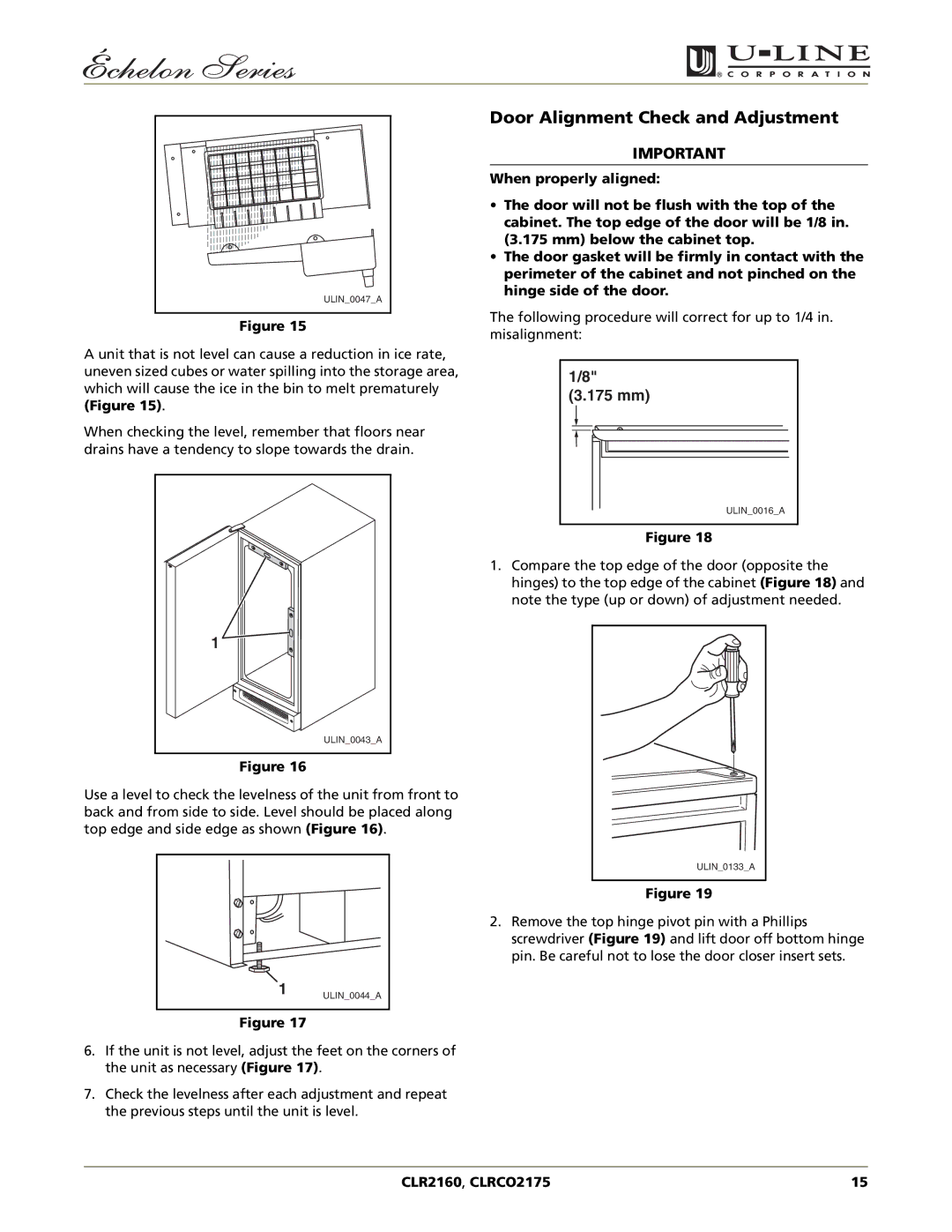 U-Line CLR2160, CLRCO2175 manual Door Alignment Check and Adjustment, 175 mm 