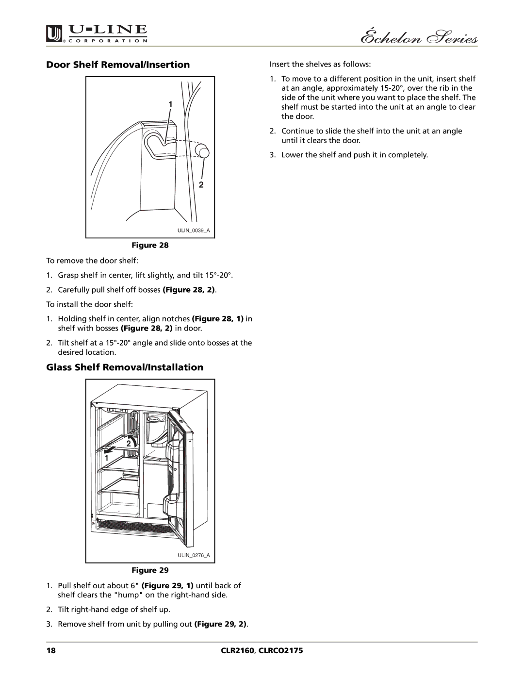 U-Line CLRCO2175, CLR2160 manual Door Shelf Removal/Insertion, Glass Shelf Removal/Installation 