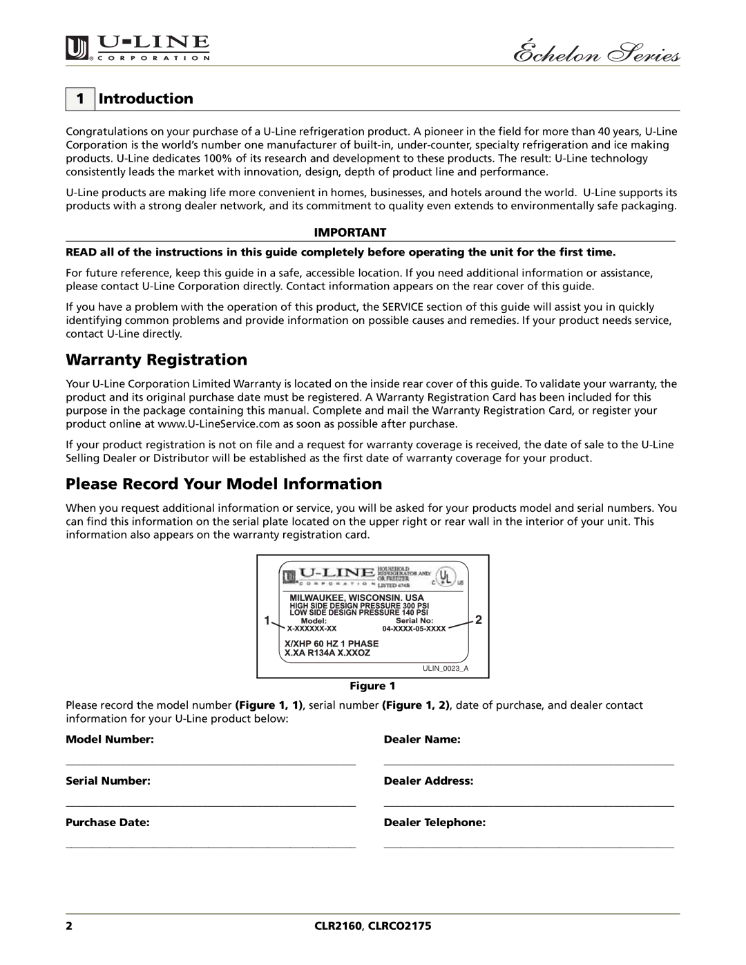 U-Line CLRCO2175, CLR2160 manual Warranty Registration, Please Record Your Model Information, Introduction 