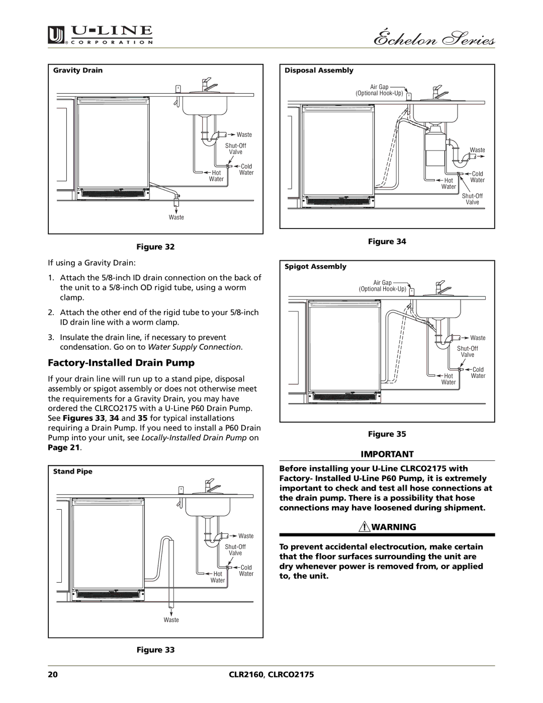 U-Line CLRCO2175, CLR2160 manual Factory-Installed Drain Pump 