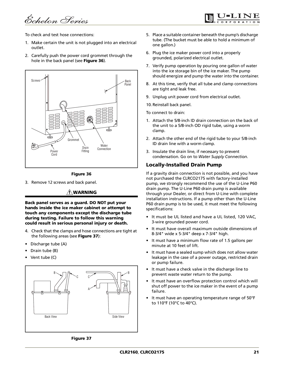 U-Line CLR2160, CLRCO2175 manual Locally-Installed Drain Pump 