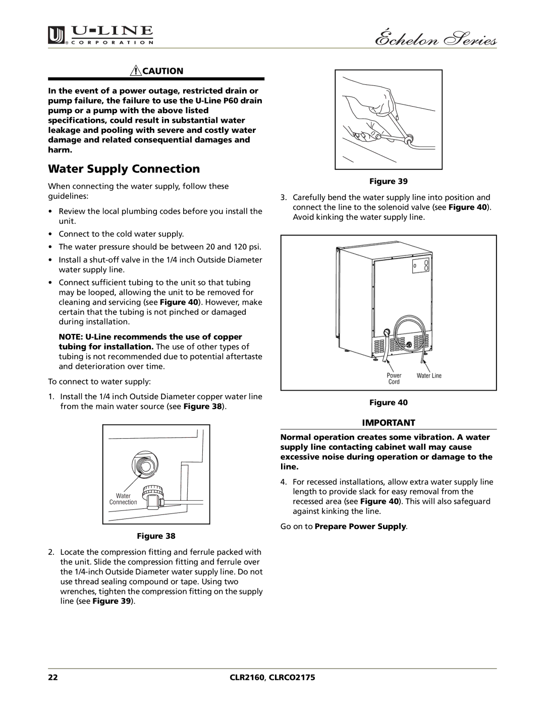 U-Line CLRCO2175, CLR2160 manual Water Supply Connection 