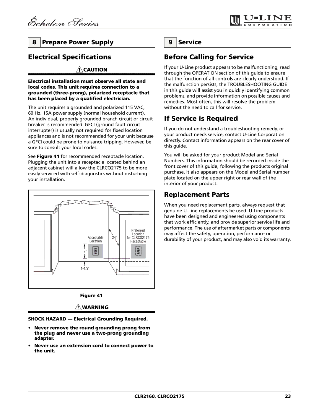 U-Line CLR2160, CLRCO2175 Electrical Specifications, Before Calling for Service, If Service is Required, Replacement Parts 