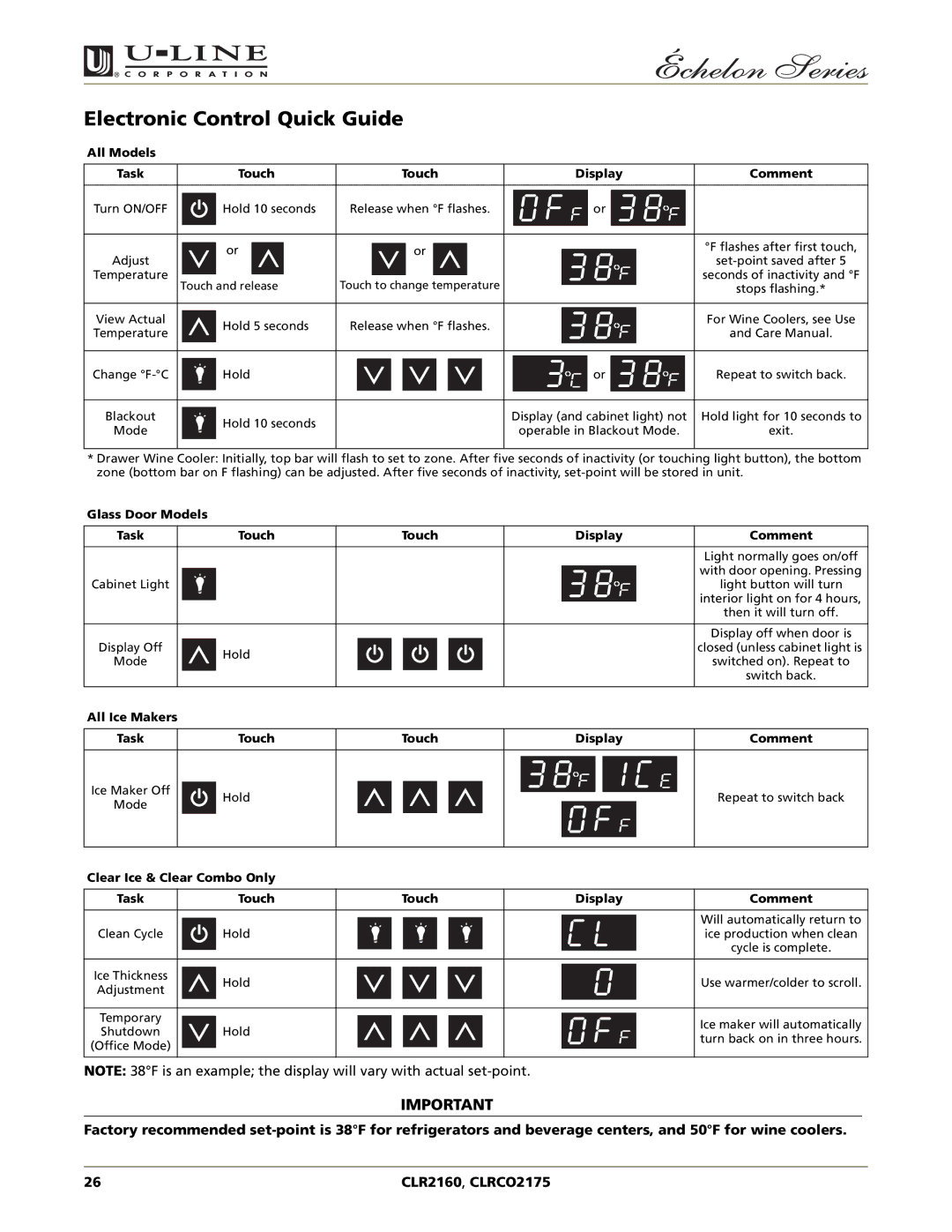 U-Line CLRCO2175, CLR2160 manual Electronic Control Quick Guide, All Models Task Touch Display Comment 