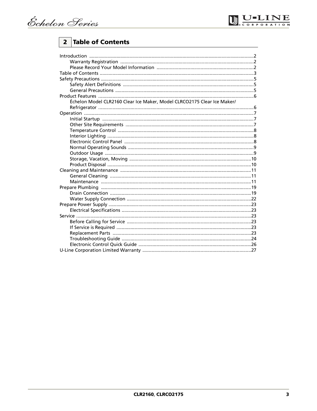 U-Line CLR2160, CLRCO2175 manual Table of Contents 