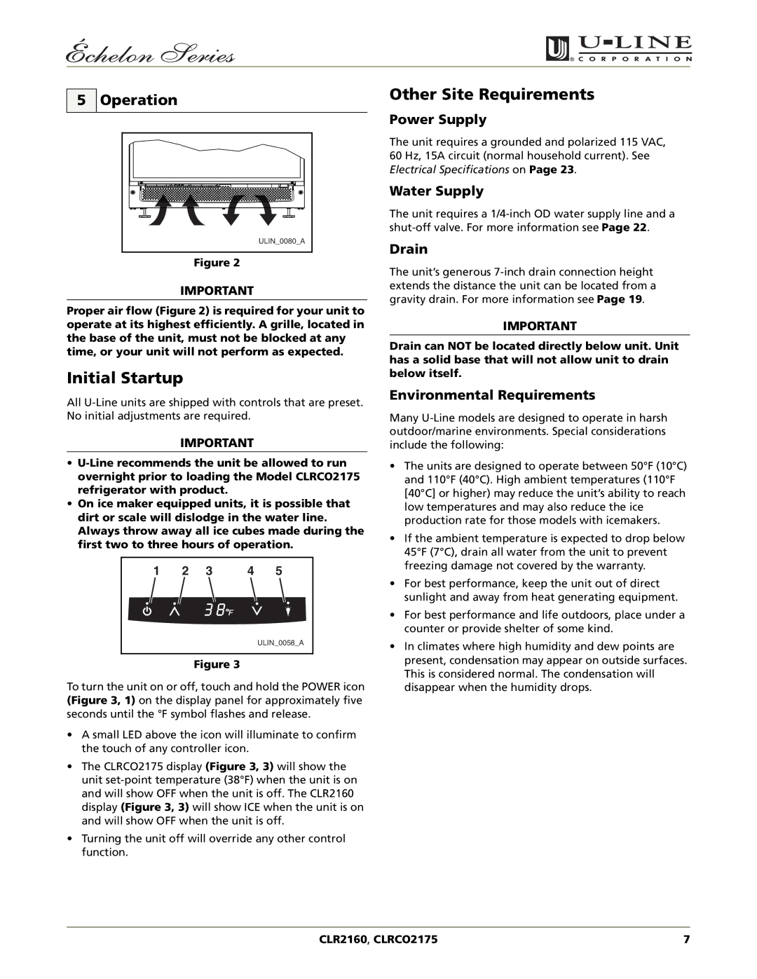 U-Line CLR2160, CLRCO2175 manual Initial Startup, Other Site Requirements, Operation 