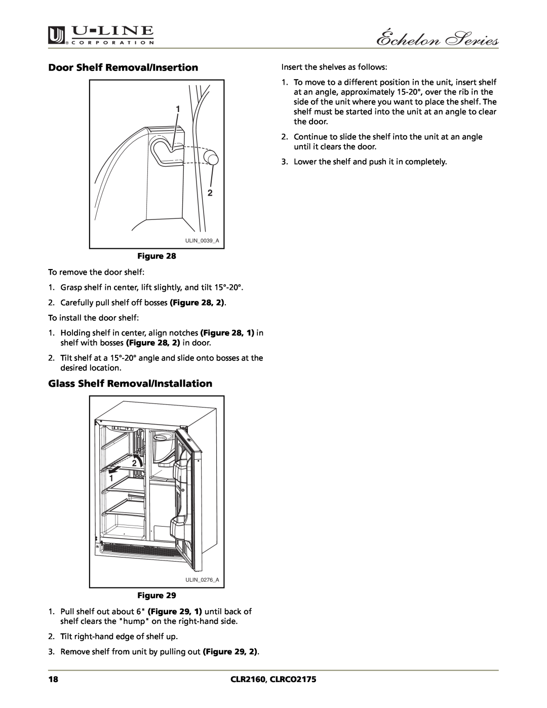 U-Line CLRCO2175, CLR2160 manual Door Shelf Removal/Insertion, Glass Shelf Removal/Installation 