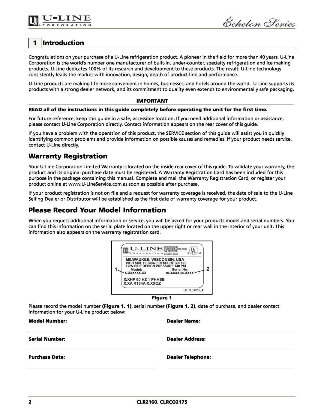 U-Line CLRCO2175, CLR2160 manual Warranty Registration, Please Record Your Model Information, Introduction 