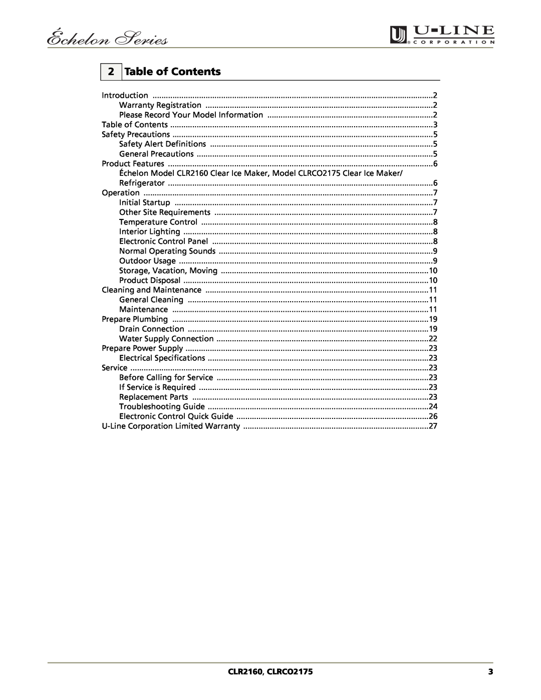 U-Line CLR2160, CLRCO2175 manual Table of Contents 