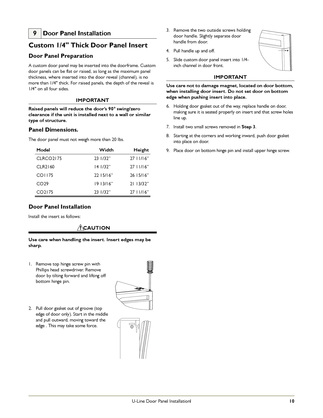 U-Line CO1175 manual Custom 1/4 Thick Door Panel Insert, Door Panel Installation, Door Panel Preparation, Panel Dimensions 