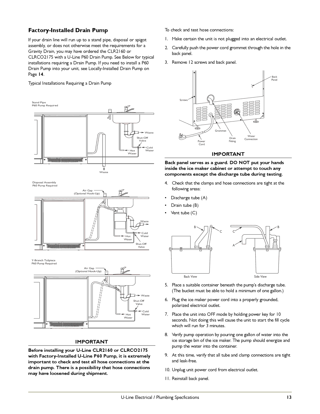 U-Line CO2175, CO1175 manual Factory-Installed Drain Pump 