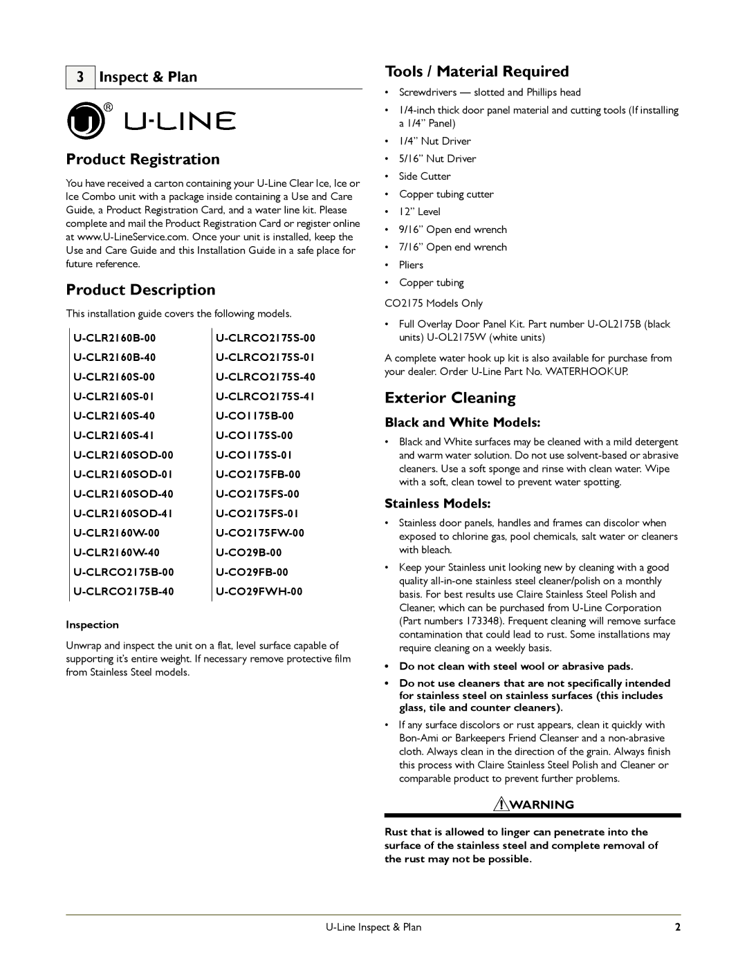 U-Line CO1175 manual Product Registration Product Description, Tools / Material Required, Exterior Cleaning, Inspect & Plan 