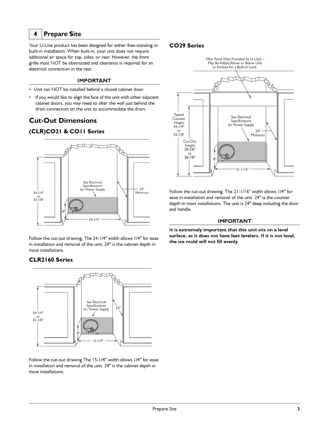 U-Line CO2175, CO1175 manual Cut-Out Dimensions, Prepare Site, CLRCO21 & CO11 Series, CLR2160 Series CO29 Series 