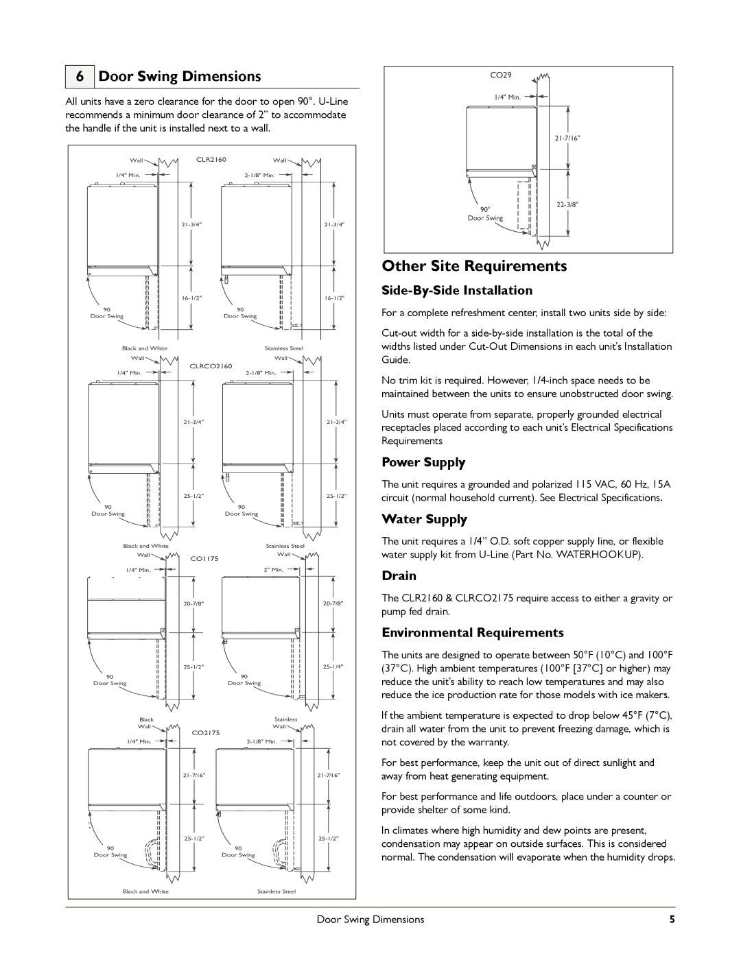 U-Line CO2175, CO1175 manual Other Site Requirements, Door Swing Dimensions 