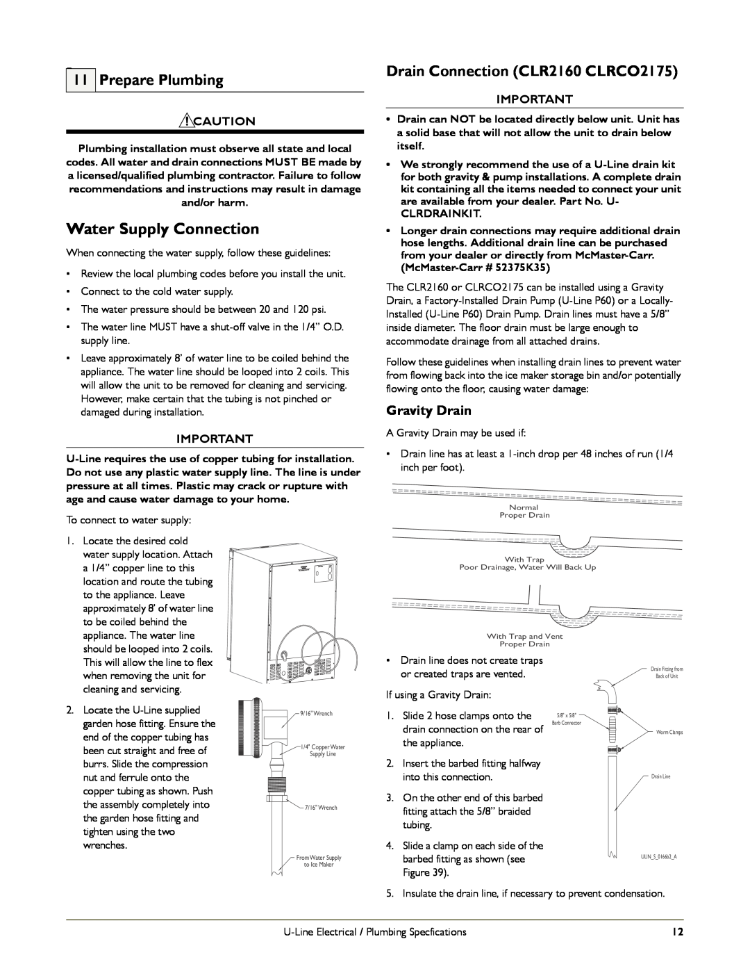 U-Line CO1175 manual Water Supply Connection, P11 Prepare Plumbing, Drain Connection CLR2160 CLRCO2175, Gravity Drain 